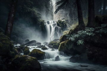 Waterfall in a forest with mist and fog, creating a beautiful and serene landscape. Ai generated