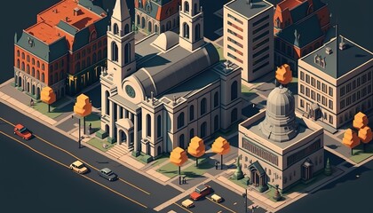 Isometric cityscape with skycrapers, cars and streets