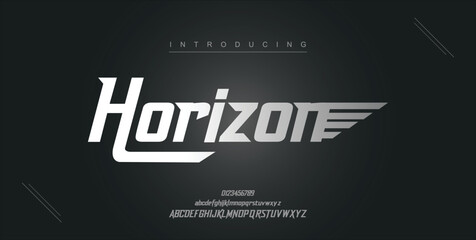 Horizon digital modern alphabet new font. Creative abstract urban, futuristic, fashion, sport, minimal technology typography. Simple vector illustration with number