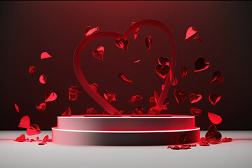 The Heart of Your Event - A Stunning Product Podium with Red Heart and Petal Accents. Valentine Day. AI generated picture.