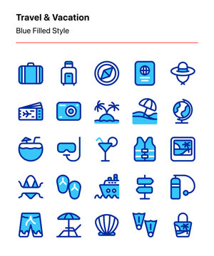 Customizable travel and vacation icon set consisting of travel, tourism, and beach vacation elements. Perfect for apps, websites, advertisements, marketing, business, agency, etc