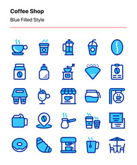 Customizable set of coffee shop icons consisting of beverages, food, and brewing equipment. Perfect for coffee shop business, products, ads, marketing, app, website, catalog menu, etc