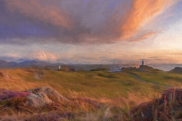 Digital painting of the Llanddwyn island lighthouse, Twr Mawr at Ynys Llanddwyn on Anglesey, North Wales.