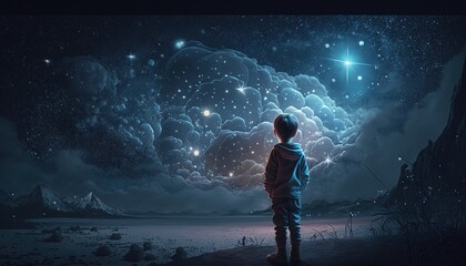 Fototapeta premium illustration of a boy looking at night starry sky with glitter glow galaxy flicker above, idea for prayer of hope, love, peace theme, Generative Ai