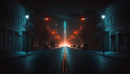 red and green light shine in empty street of urban city, Generative Ai