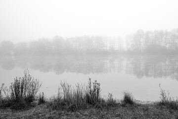 Germeringer See near Germering in Upper Bavaria. Landscape at the lake in the fog. Black and white shot. Foggy morning in nature.
