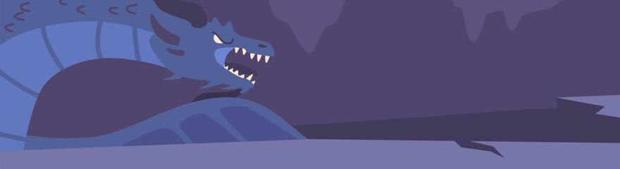 Dragon In Dark Cave, Game Background With Large Mythical Creature With Sharp Teeth Inhabiting Dark Cavern