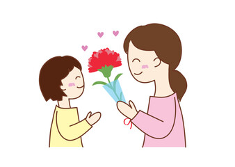 カーネーションをもらうお母さんと女の子