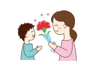 カーネーションをもらうお母さんと男の子