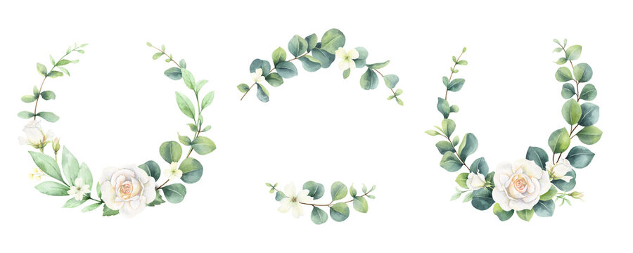 Watercolor floral set of wreaths of eucalyptus and roses. Greenery flower for wedding invitation, digital projects, scrapbooking, textiles, stationery, .design. Isolated on white background.