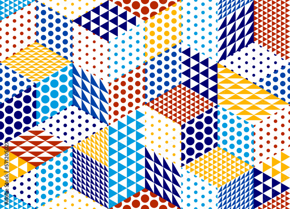 Poster seamless isometric triangles and dots geometric pattern, 3d cubes vector tiling background, architec