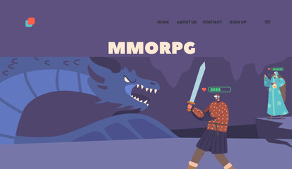 Mmorpg Landing Page Template. Characters In Fantasy Attire And Virtual Reality Headset Playing Video Game
