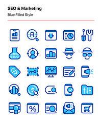 Customizable set of SEO and marketing icons covering elements of internet marketing, data analysis, website optimization, etc. Perfect for app and web interfaces, businesses, agencies, and others