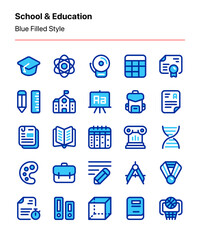 Customizable school and education icons covering education elements, learning subjects, materials, and documents. Perfect for apps and websites interfaces, publications, businesses, presentations, etc