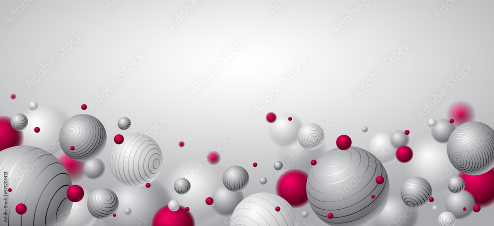Poster abstract spheres vector background with blank copy space, composition of flying balls decorated with