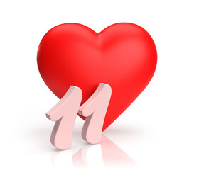 Heart number eleven or 11 for valentine's day or anniversary. An digit idea for a banner or card for love. 