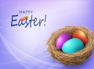 Easter purple gorgeous card with colorful eggs in a straw nest