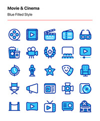Customizable set of movie and cinema icons covering elements of film making, theater, and entertainment. Perfect for app and web interfaces, businesses, illustrations, marketing, presentation, etc