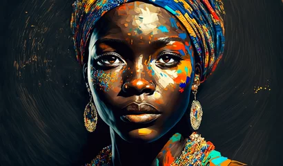 Tuinposter Abstract painting concept. Colorful art portrait of a black woman with modern turban. African culture. Generative AI. © PhotoGranary