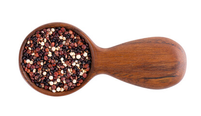 Quinoa seeds in wooden spoon, isolated on white background. Mix of white, red and black quinoa. Top view.