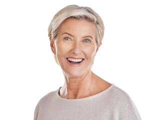 A joyous elderly caucasian woman confidently smiling and looking cheerful while showing her denture...