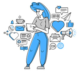 Work in social media, influencer messaging and comment some posts vector outline illustration, support service, work with customers and audience.