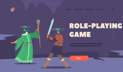 Role Playing Game Landing Page Template. Wizard And Fantasy Warrior Wearing Virtual Reality Headset Fighting