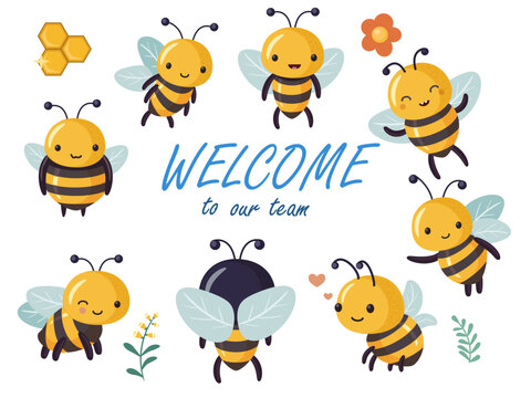 Cute cartoon bees character set symbol of teamwork and friendship.  Cheerful comic characters. Vector illustration isolated on white background
