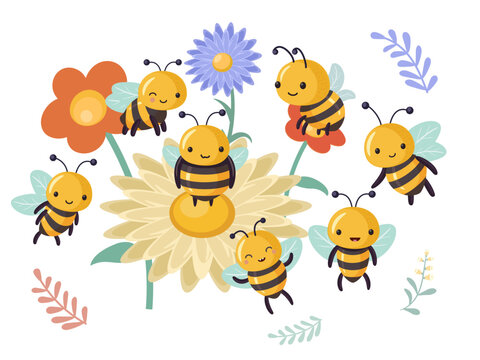 Team of funny cartoon cute bees on the background of flowers children's illustration. Vector illustration on white background.