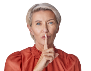 A mature caucasian woman gesturing with a finger on her lips to be quiet and keep a secret. An ageing woman hushing for silence and whispering a scandal isolated on a png background.