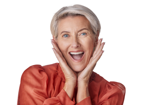 A beautiful caucasian mature woman expressing shock. Senior woman making facial expressions and looking surprised isolated on a png background.