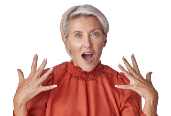 A woman amazed over success of new beauty, wellness and facial skincare routine portrait girl happy with her healthy skin, dermatology and anti aging cosmetic products isolated on a png background