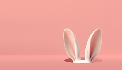 Easter rabbit ears on a light pink background with copy space. Easter template banner. Ai generative. - obrazy, fototapety, plakaty