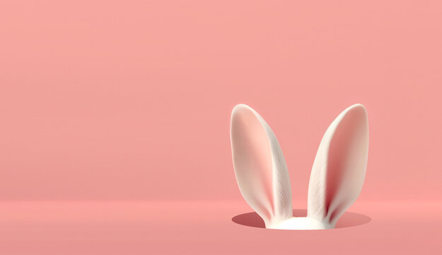 Easter rabbit ears on a light pink background with copy space. Easter template banner. Ai generative.