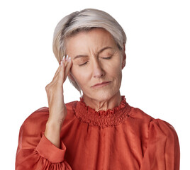 A mature woman suffering with a severe headache and looking stressed. Ageing woman experiencing anxiety and fear isolated on a png background.