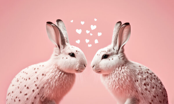 Cute Easter bunnies stands up on two legs opposite each other. Love and hearts fly around. On a pink screen. Ai generative