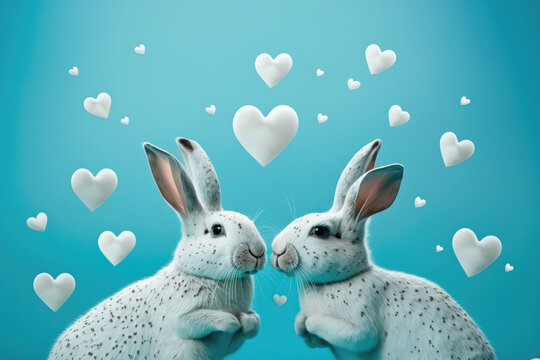 Cute couple Easter bunnies stands up on two legs opposite each other. Love and kiss. On a blue screen. Ai generative