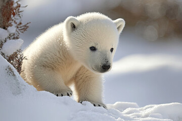 Adorable polar bear in winter, generative AI picture.