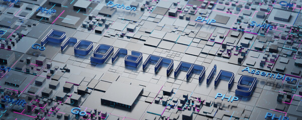 Programming concept. Creation of program code. 3d render.