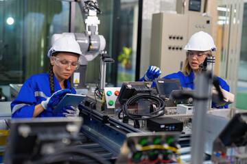 Female Electronics Factory Workers use tablet pc quality checking Circuit Boards after assembly