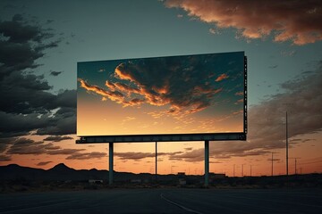 Outdoor pole billboard with mock up white screen on amazing sky background. Generative AI