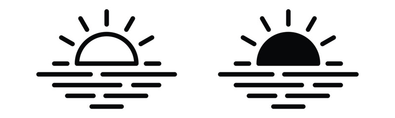 Sunrise and sunset icon. Sun shines or sun ray icon. Sun over sea or ocean icons vector with line and flat style for apps and websites, symbol illustration