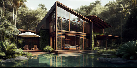 Sustainable modern wood and glass mansion with pool surrounded by a tropical garden, generative AI