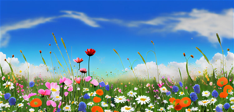 Spring landscape with colorful wildflowers in a green meadow on a blue day, generative AI
