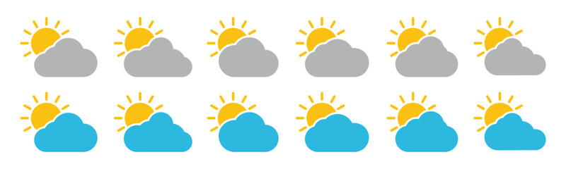 Daylight icon. Sunny and cloudy weather icon. Sun behind the cloud. Sun shines or sun ray icon. Sun and cloud icons vector with line and flat style for apps and websites, symbol illustration