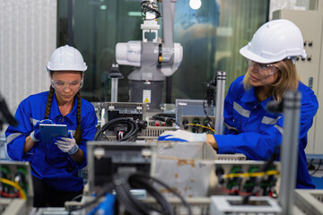 Female Electronics Factory Workers use tablet pc quality checking Circuit Boards after assembly