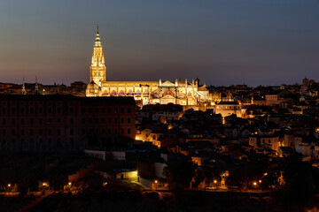 View of Primatial Cathedral of Toledo at night in the historic city of Toledo, Castilla La Mancha,...