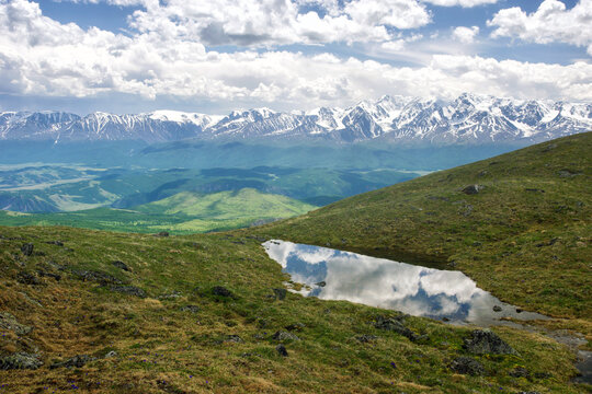 Highland small lake among mountain green meadows and high peaks with snow under blue sky Altai Siberia Russia