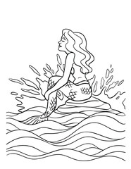 Mermaid Sitting on the Rock Isolated Coloring Page