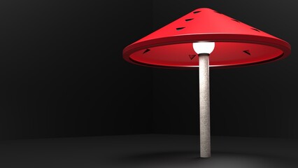 Light under Red canopy. Red  object on black background.Conical shape design.3d render. Cobblestone texture pole